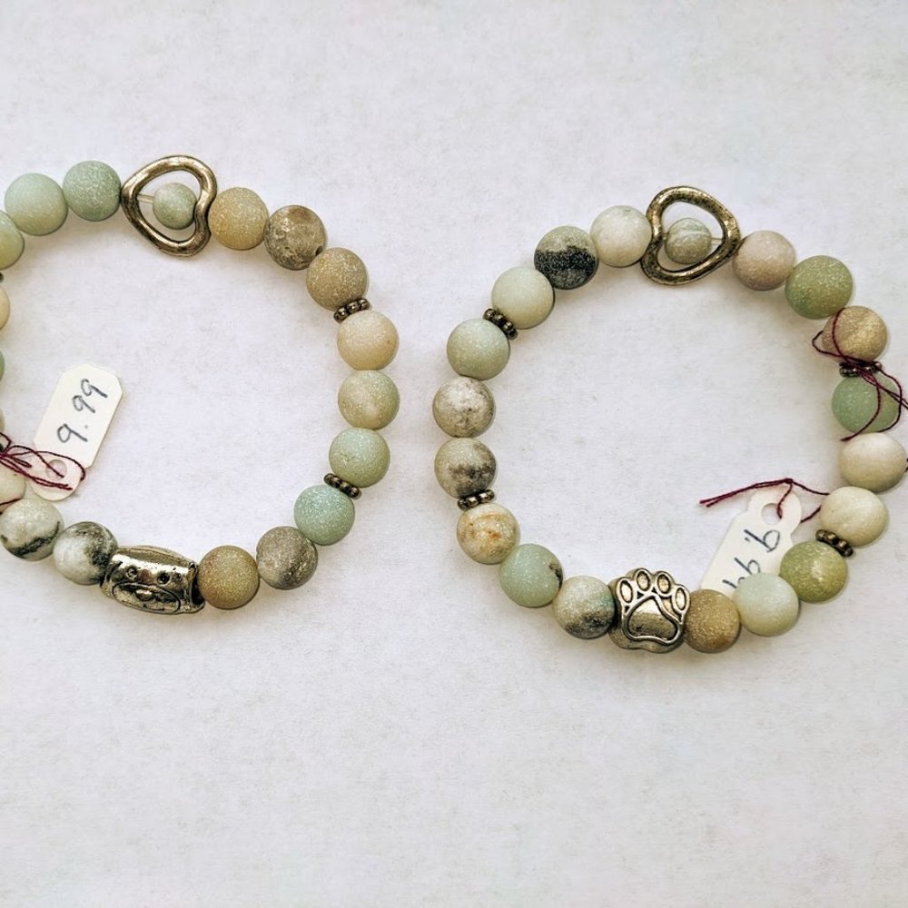 Handmade Paw Print w/Heart Charms Amazonite Beads Bracelet